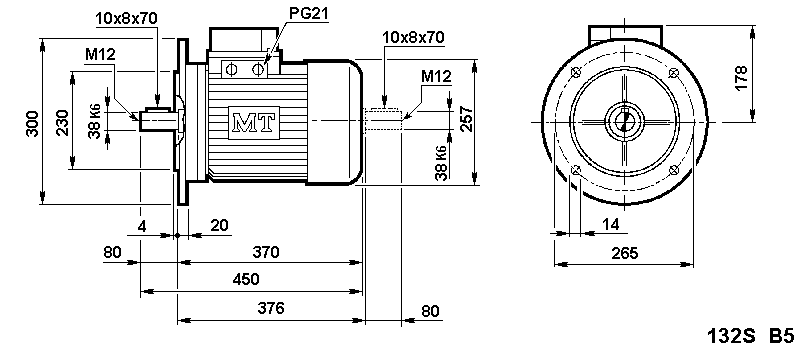 Dimensions for MT 132S Frame Motors